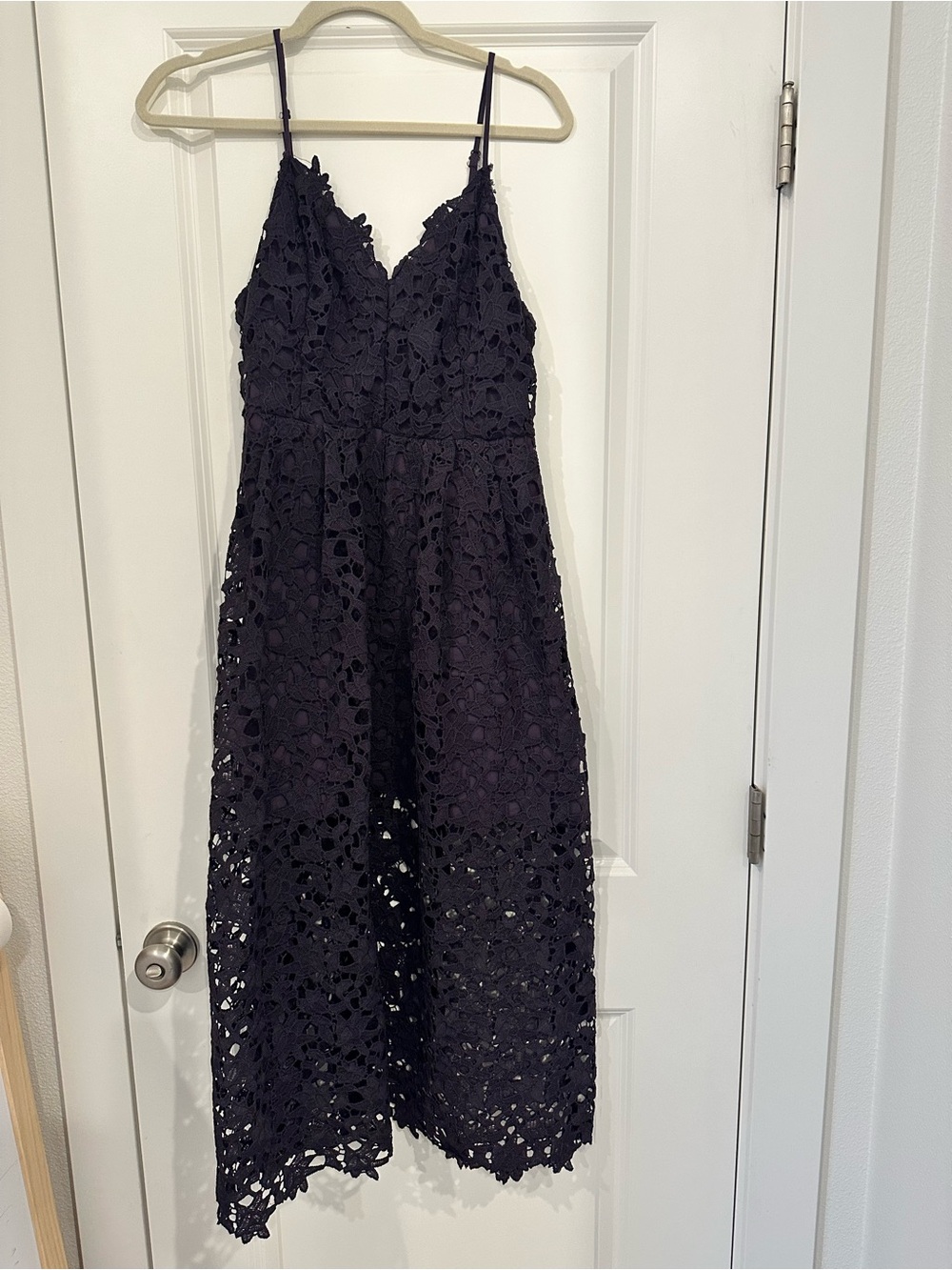 Astr Dark Purple Lace Midi Dress with Spaghetti Straps